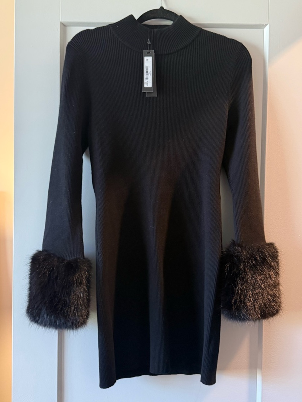 Steve Madden Black Long Sleeve Knit Dress with Faux Fur Cuffs